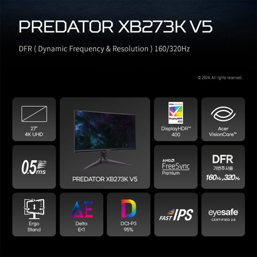 [한성] 에이서 PREDATOR XB273K V5 DFR 가변주사율 160/320Hz 4K UHD Fast IPS 27인치 게이밍 모니터 (무결점)