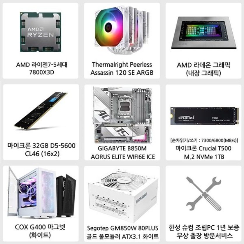 라이젠7 7800X3D 32GB 1TB 내장그래픽 조립PC 게이밍 데스크탑 조립컴퓨터 A7800EM